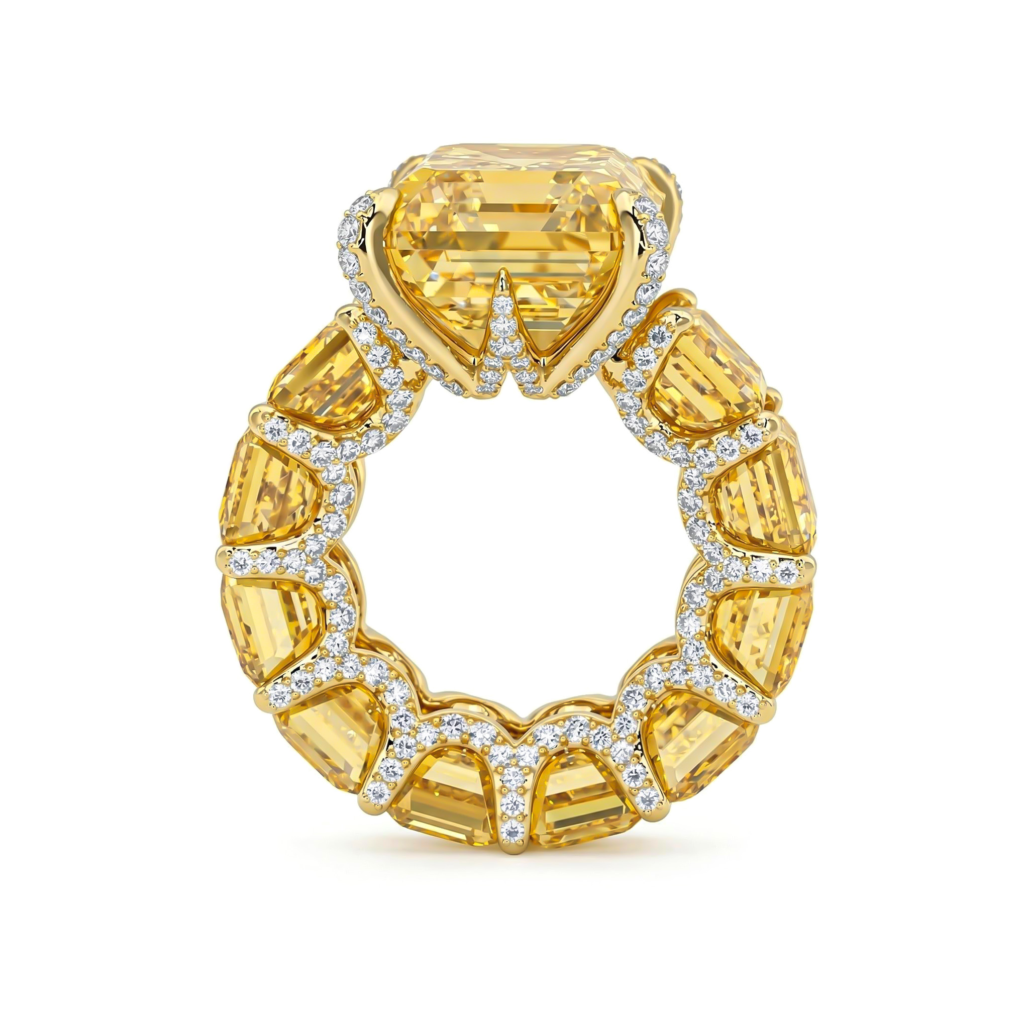 5Ct Stunning Fancy Yellow Emerald Cut Pave Ring in Gold