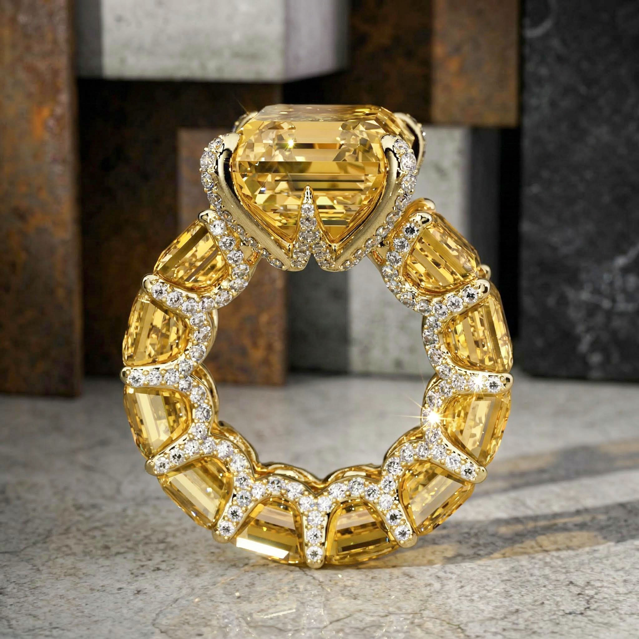 5Ct Stunning Fancy Yellow Emerald Cut Pave Ring in Gold