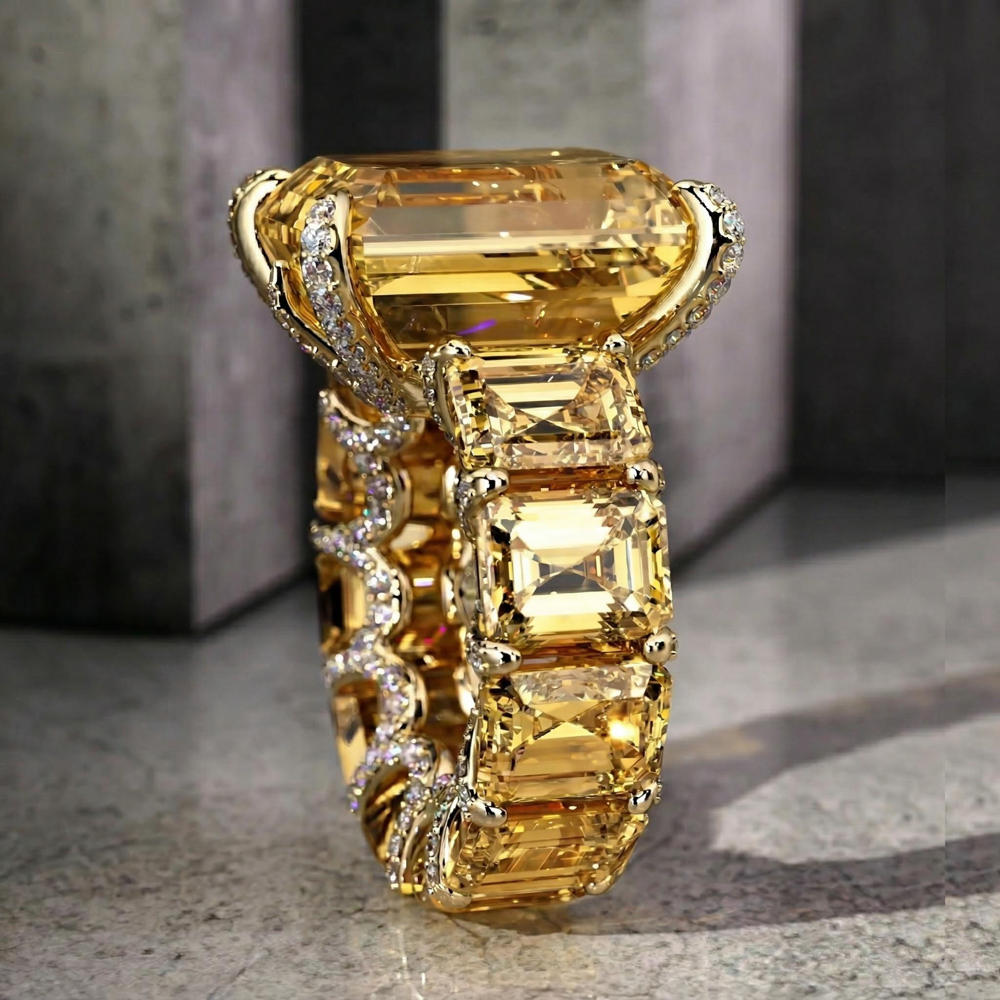 5Ct Stunning Fancy Yellow Emerald Cut Pave Ring in Gold