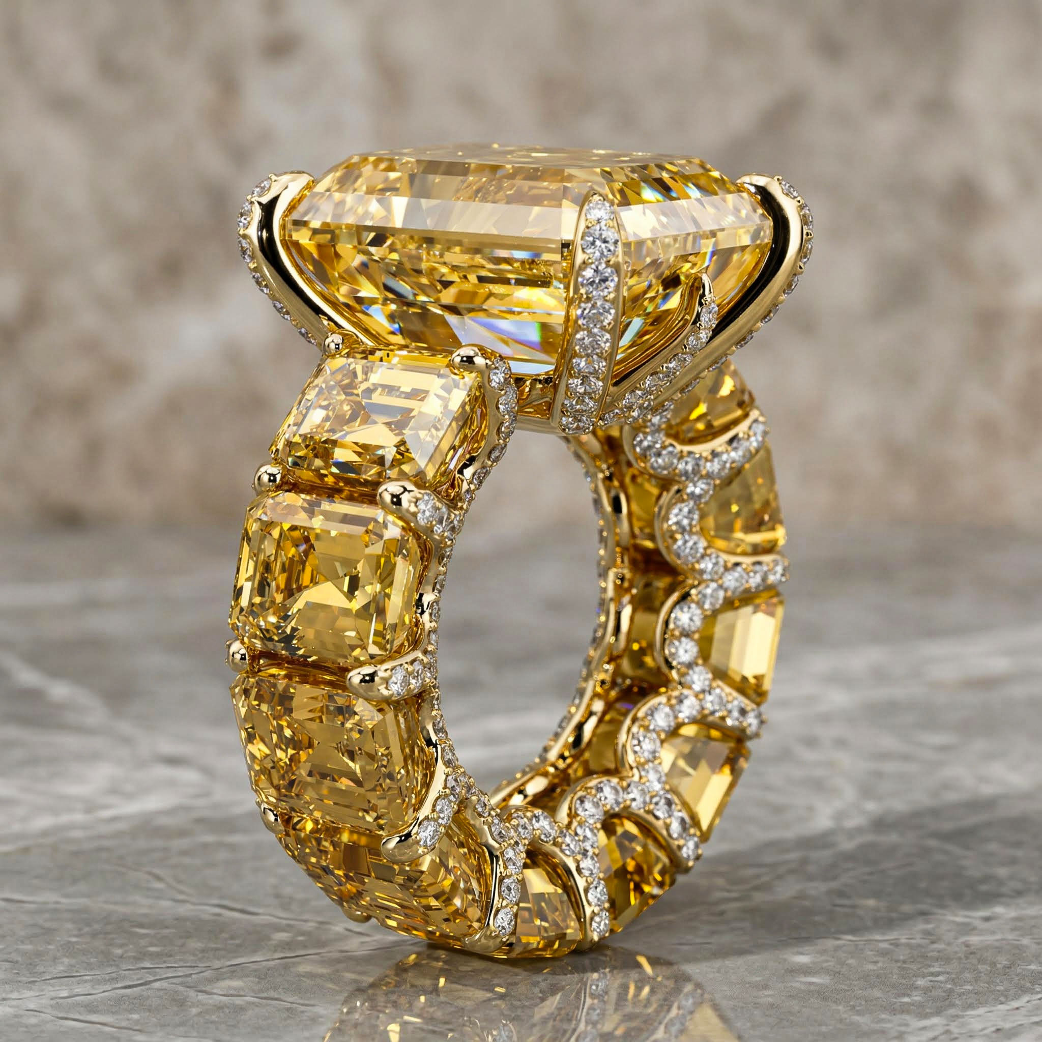 5Ct Stunning Fancy Yellow Emerald Cut Pave Ring in Gold