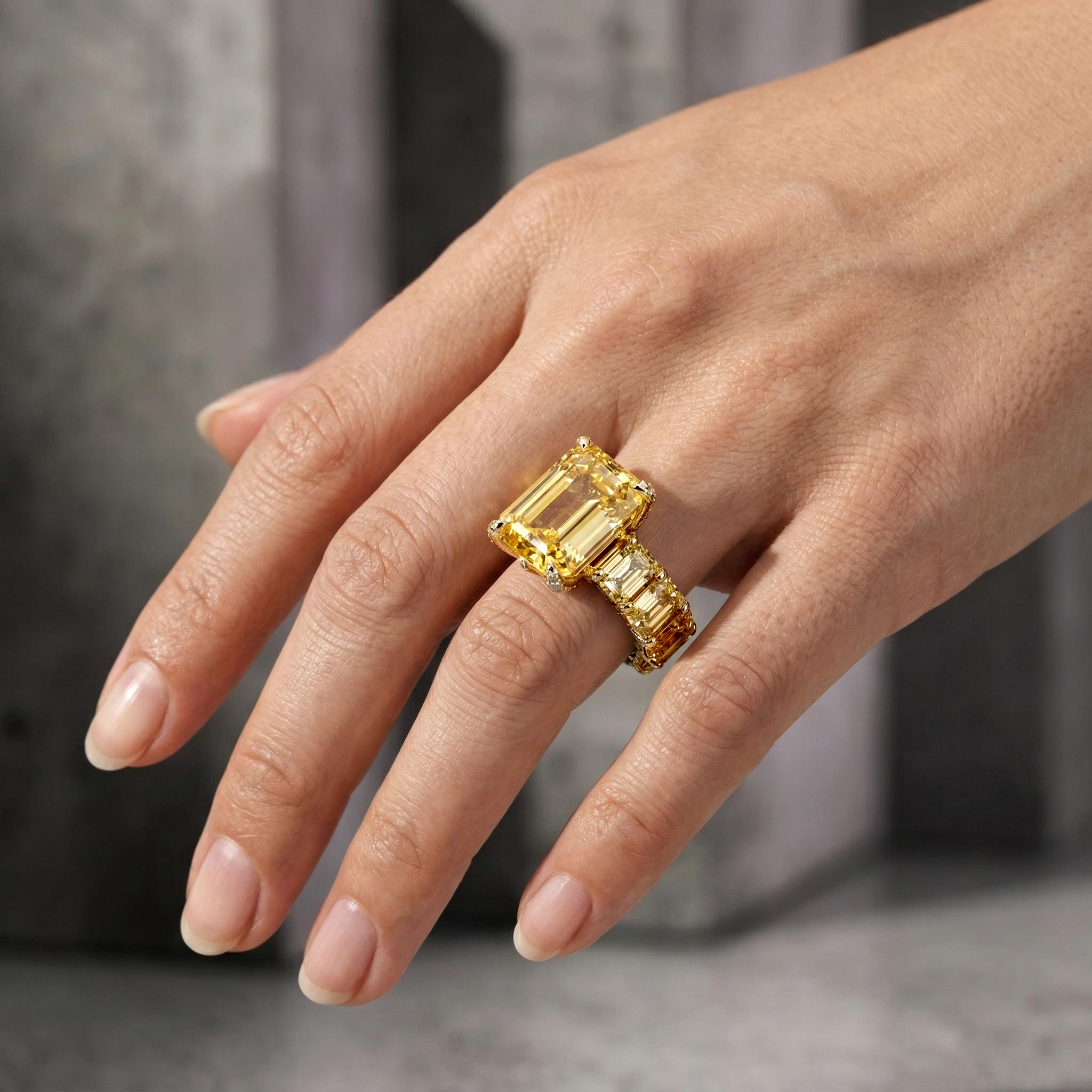 5Ct Stunning Fancy Yellow Emerald Cut Pave Ring in Gold