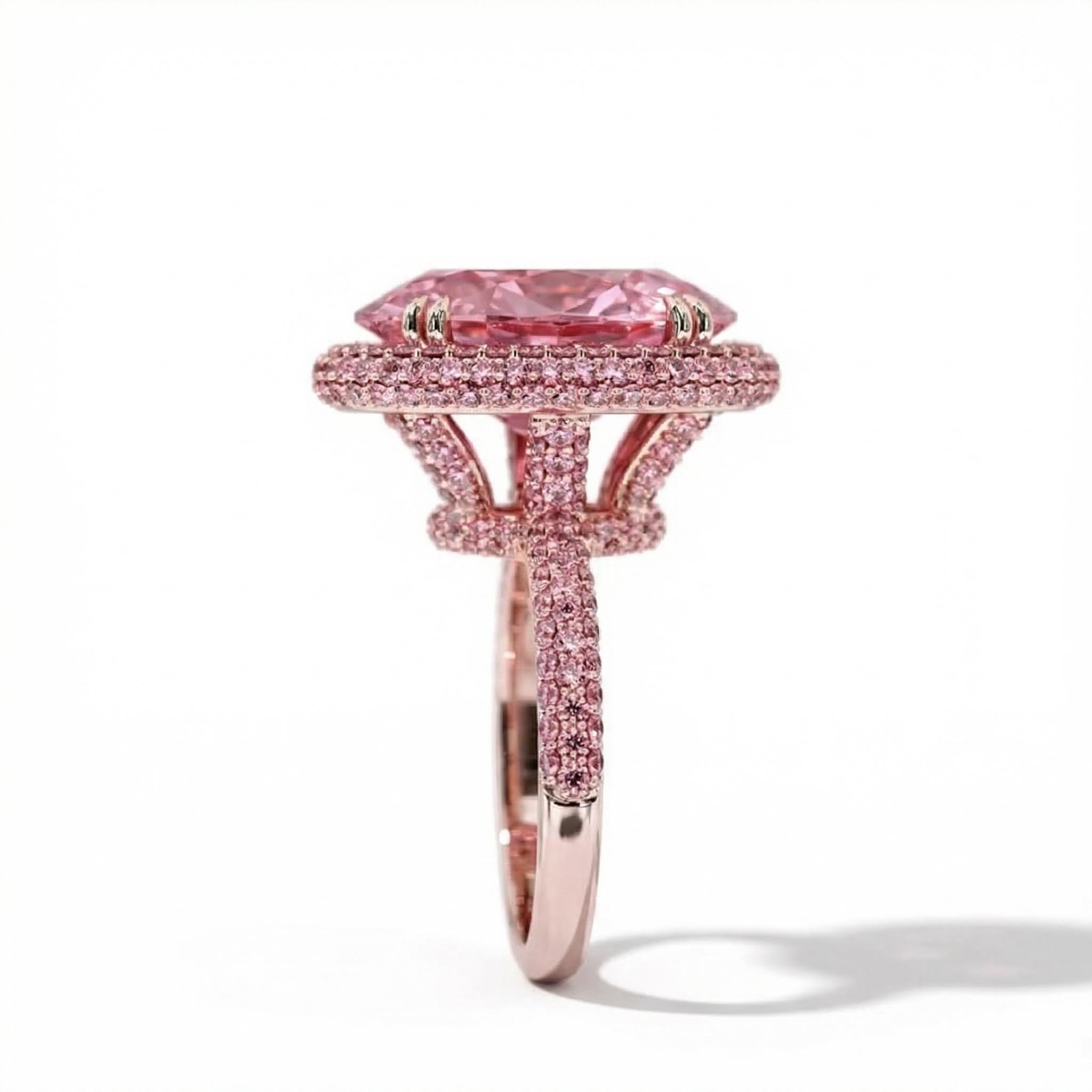 4.5Ct Pink Oval Cut Halo Pave Engagement Ring in Rose Gold