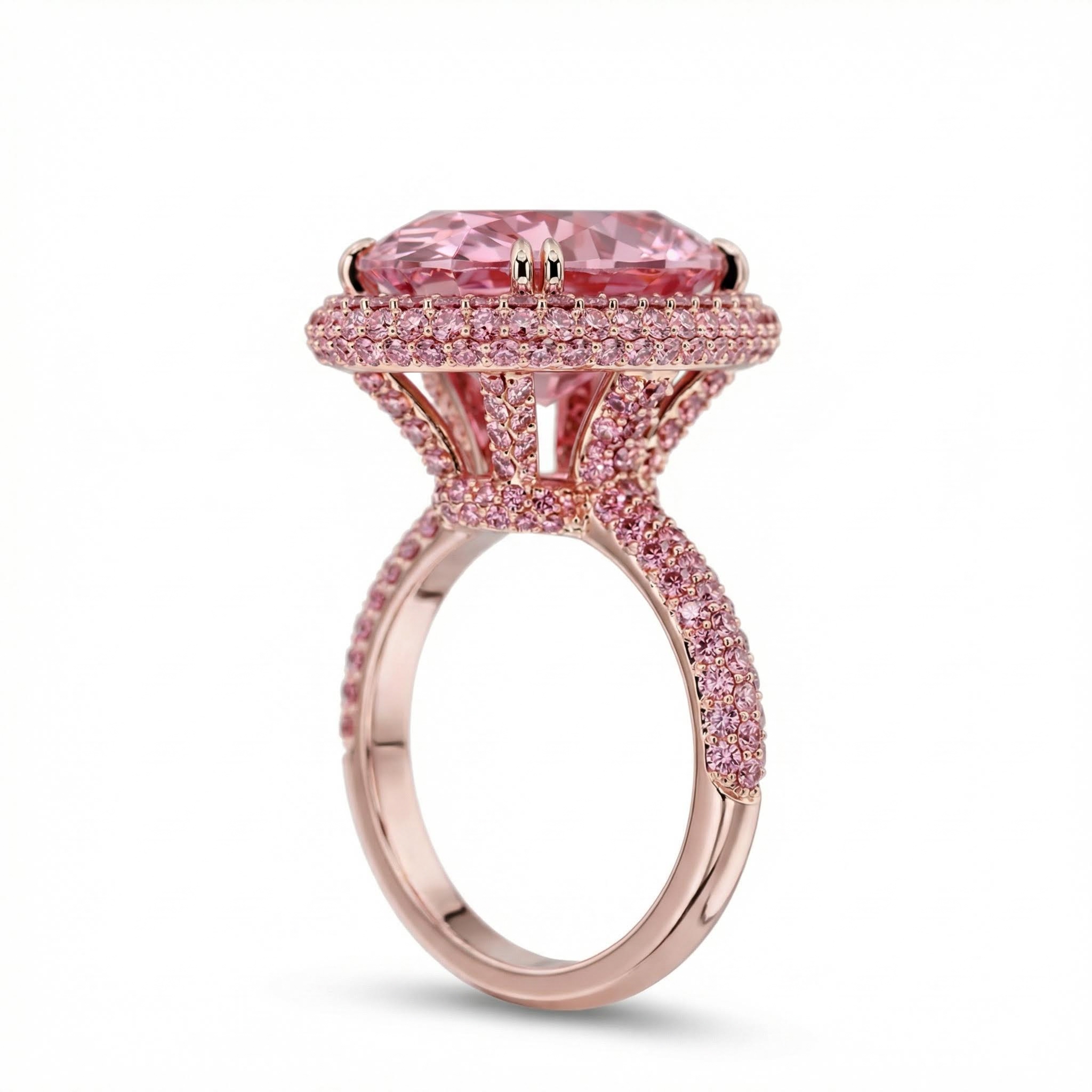 4.5Ct Pink Oval Cut Halo Pave Engagement Ring in Rose Gold