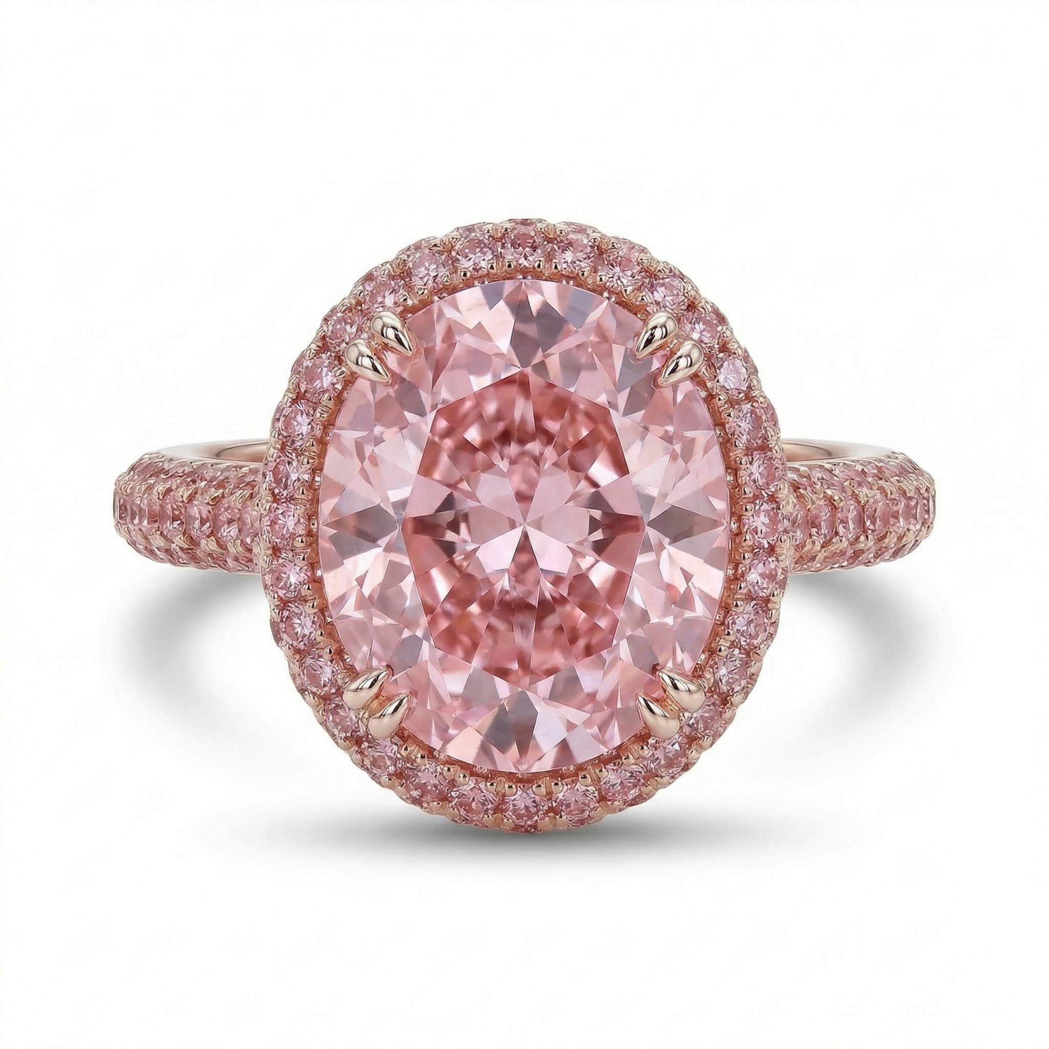 4.5Ct Pink Oval Cut Halo Pave Engagement Ring in Rose Gold