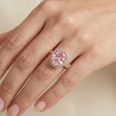 4.5Ct Pink Oval Cut Halo Pave Engagement Ring in Rose Gold