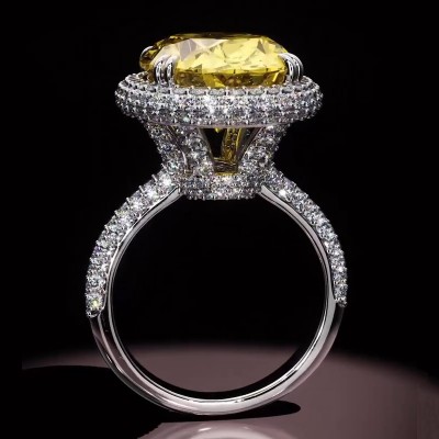 4.5Ct Fancy Yellow /Emerald Oval Cut Halo Pave Engagement Ring