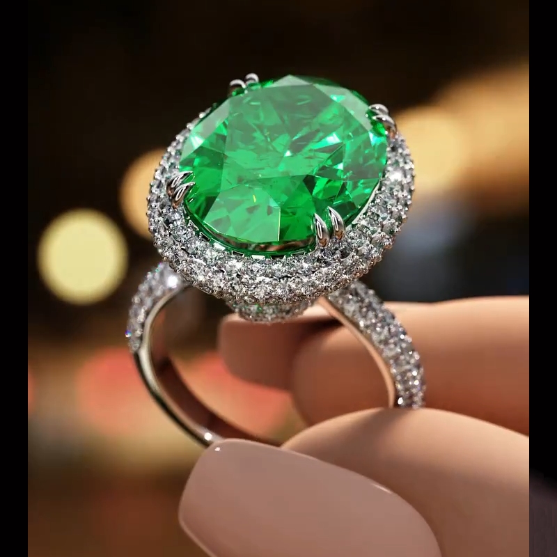 4.5Ct Fancy Yellow /Emerald Oval Cut Halo Pave Engagement Ring