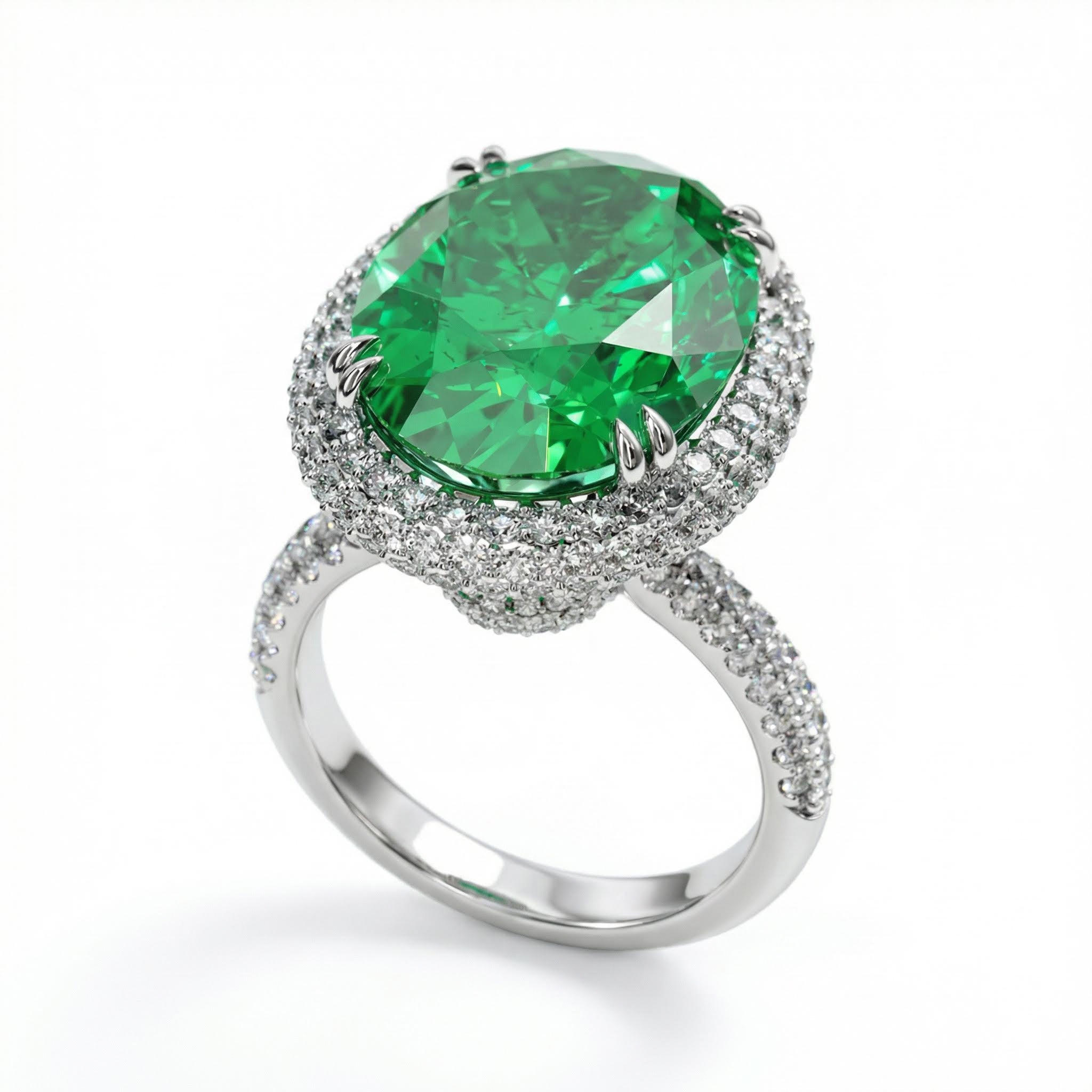 4.5Ct Fancy Yellow /Emerald Oval Cut Halo Pave Engagement Ring