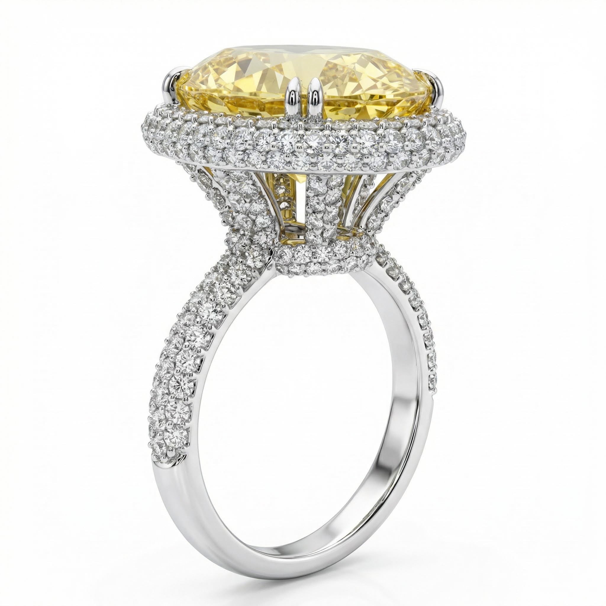 4.5Ct Fancy Yellow /Emerald Oval Cut Halo Pave Engagement Ring