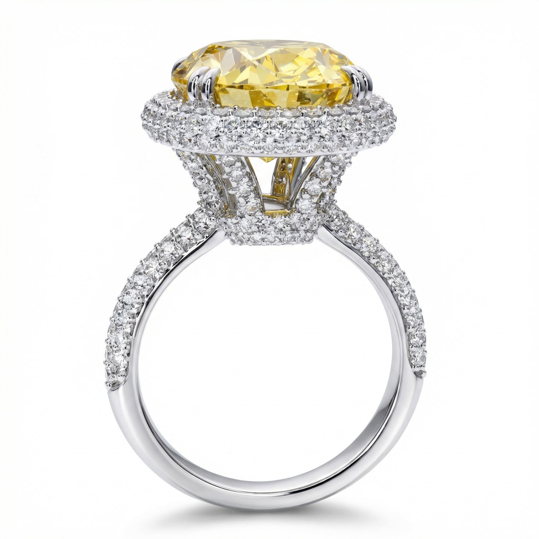 4.5Ct Fancy Yellow /Emerald Oval Cut Halo Pave Engagement Ring
