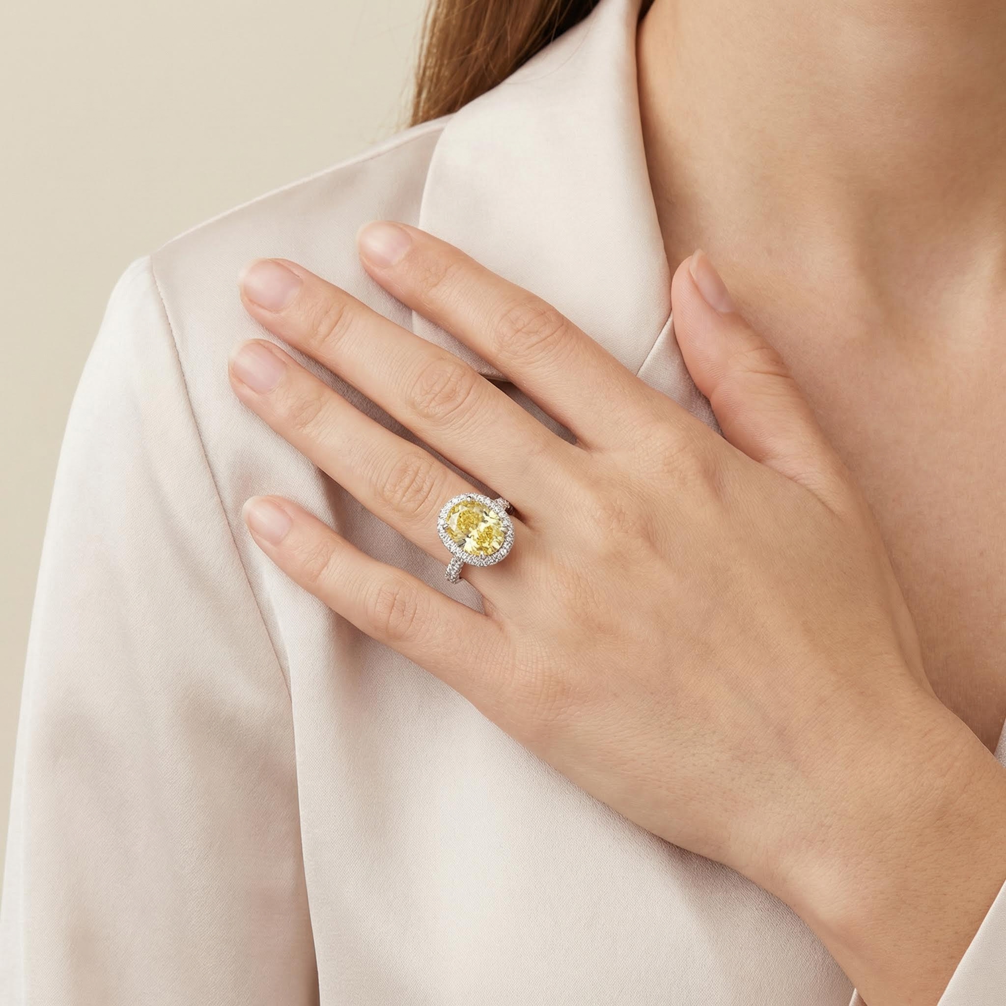 4.5Ct Fancy Yellow /Emerald Oval Cut Halo Pave Engagement Ring