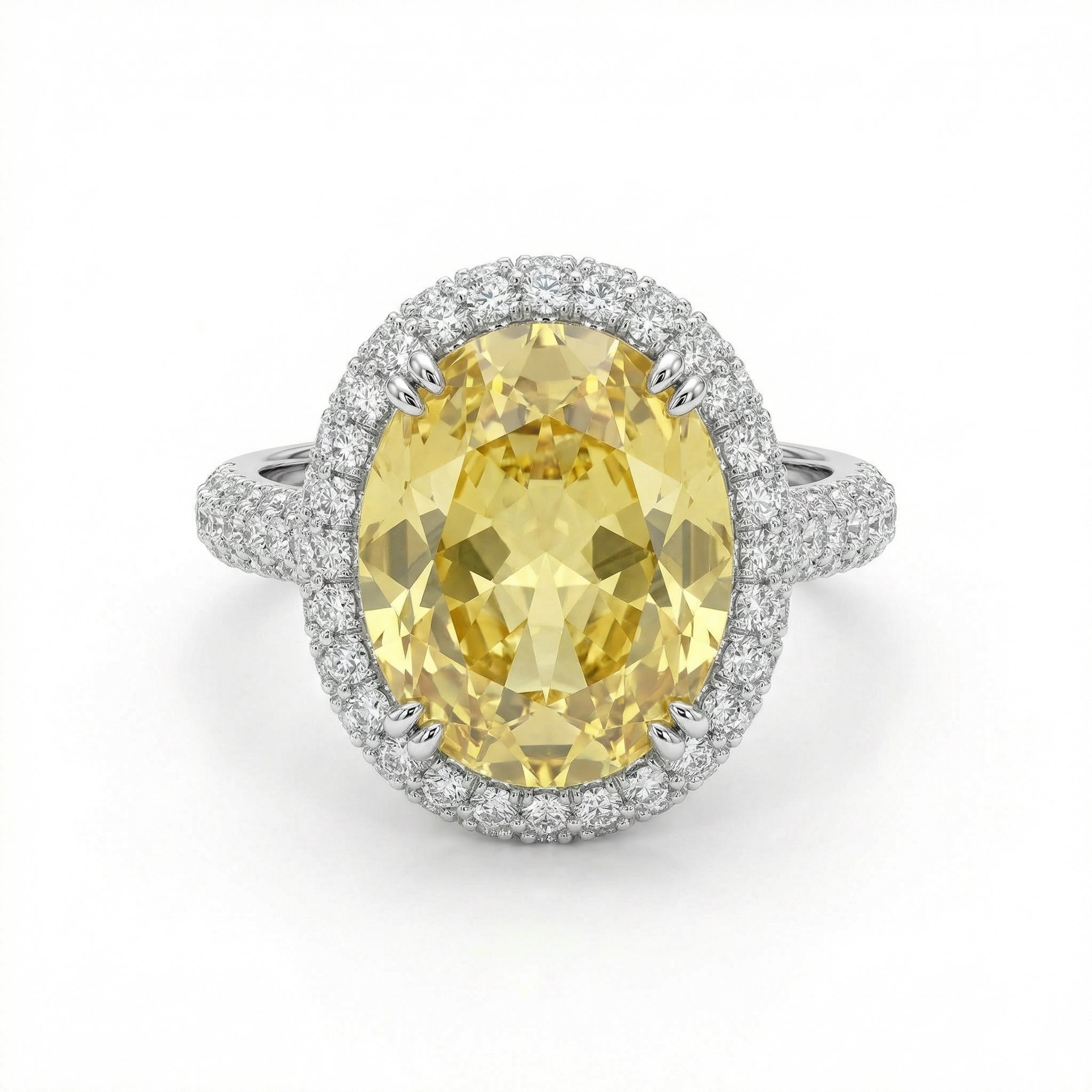 4.5Ct Fancy Yellow /Emerald Oval Cut Halo Pave Engagement Ring