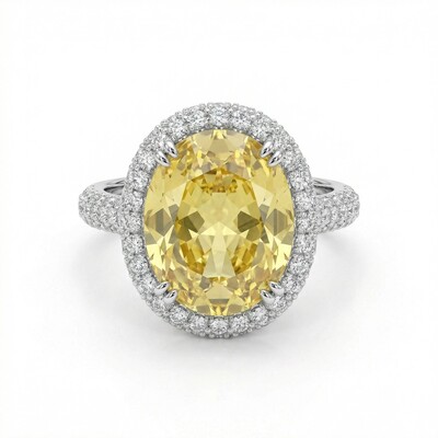 4.5Ct Fancy Yellow /Emerald Oval Cut Halo Pave Engagement Ring