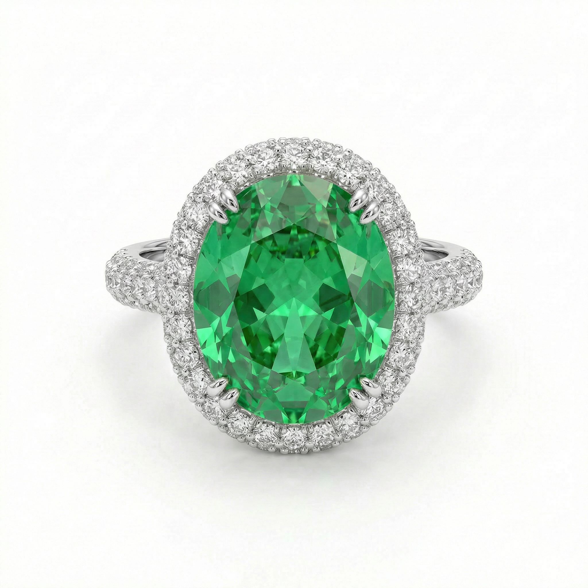 4.5Ct Fancy Yellow /Emerald Oval Cut Halo Pave Engagement Ring