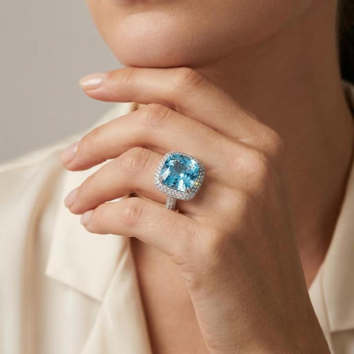 3.5 Ct Cushion Cut Aquamarine Halo Engagement Ring