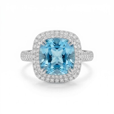 3.5 Ct Cushion Cut Aquamarine Halo Engagement Ring