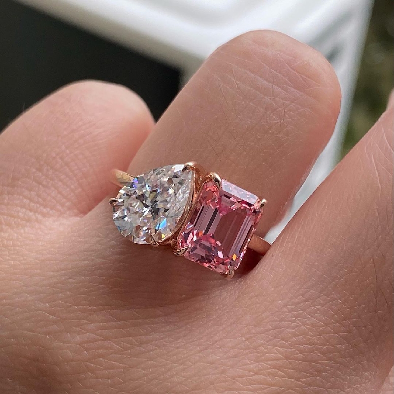 Two-Stone Pear Cut & Pink Emerald Cut Engagement Ring