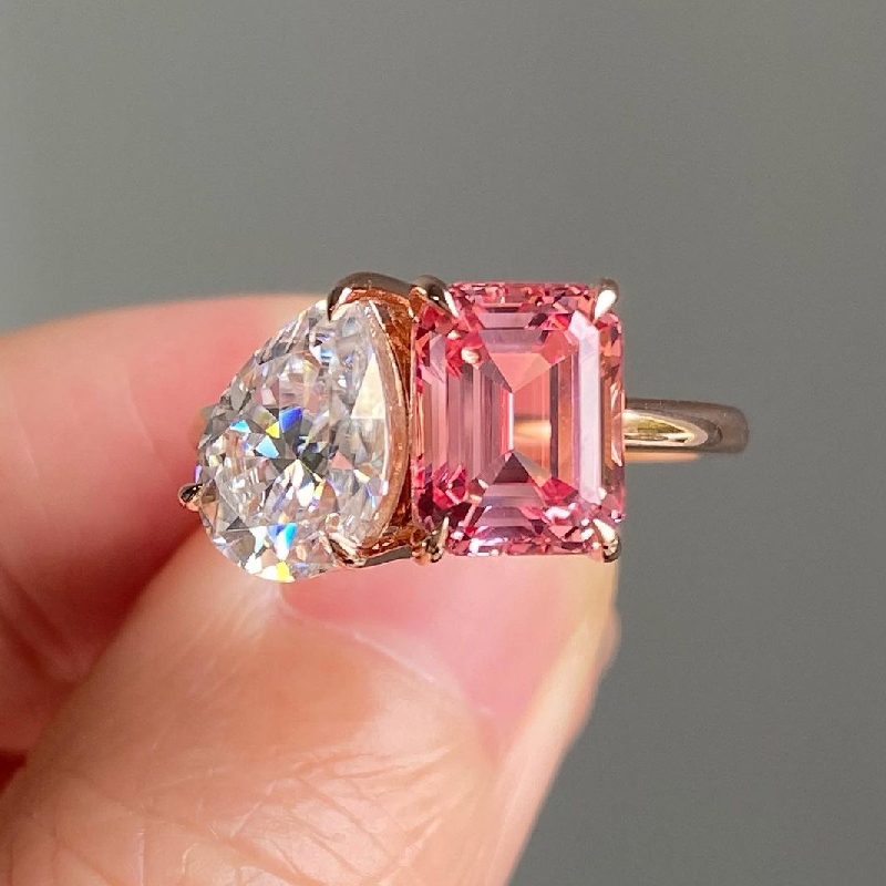 Two-Stone Pear Cut & Pink Emerald Cut Engagement Ring