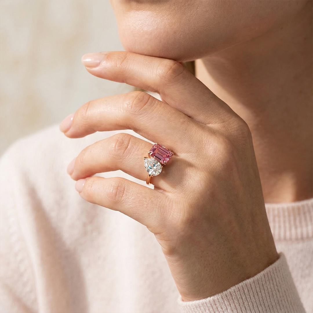 Two-Stone Pear Cut & Pink Emerald Cut Engagement Ring