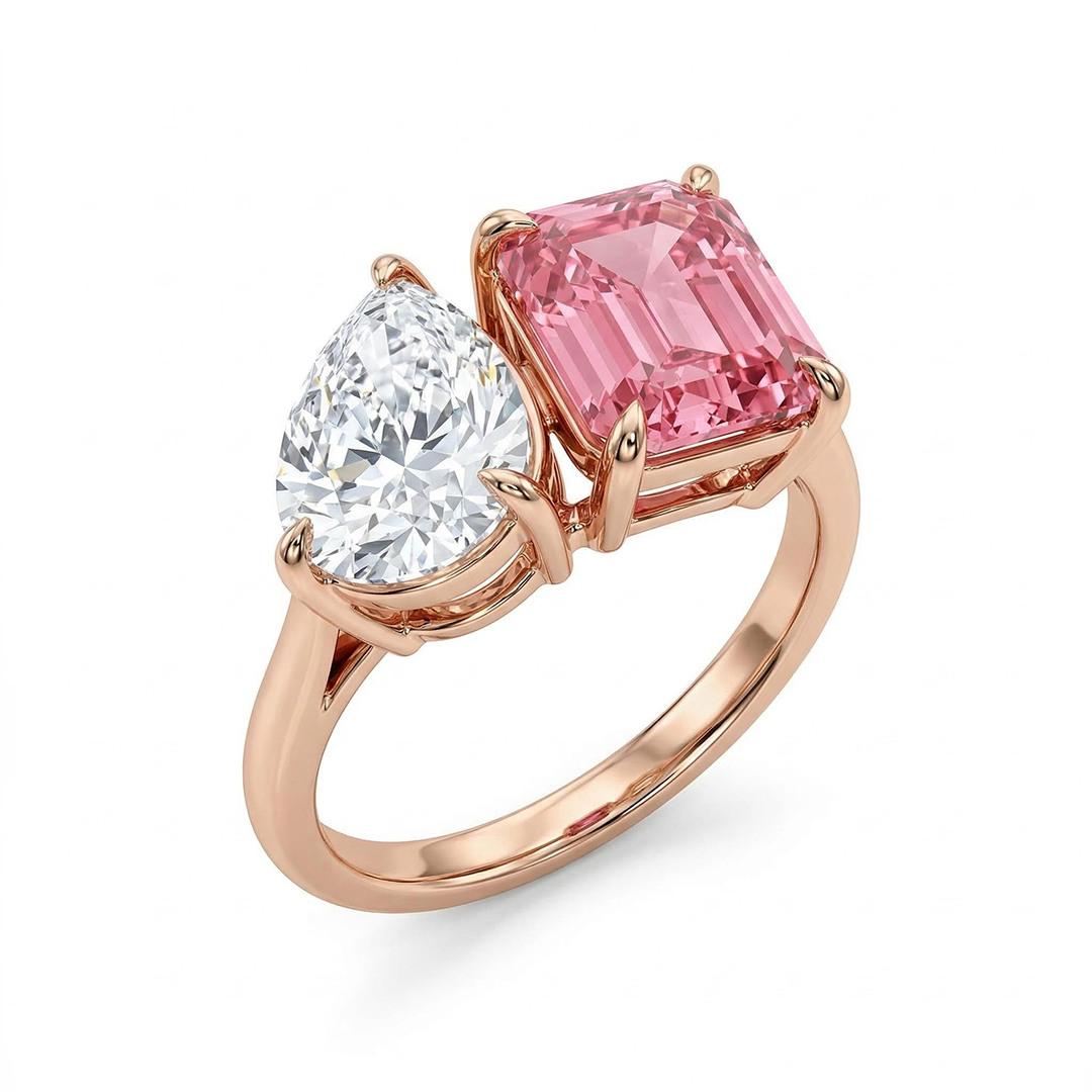 Two-Stone Pear Cut & Pink Emerald Cut Engagement Ring