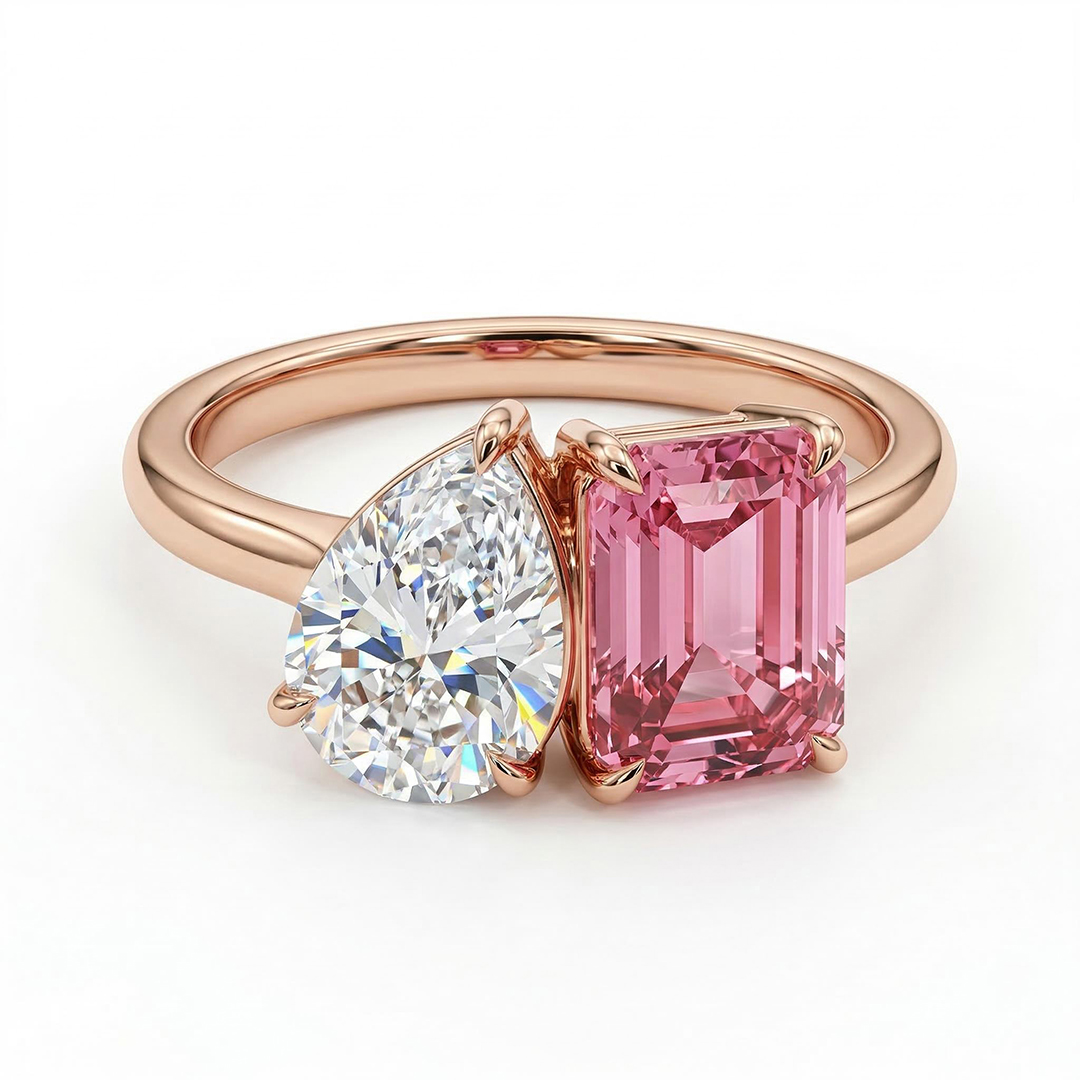 Two-Stone Pear Cut & Pink Emerald Cut Engagement Ring