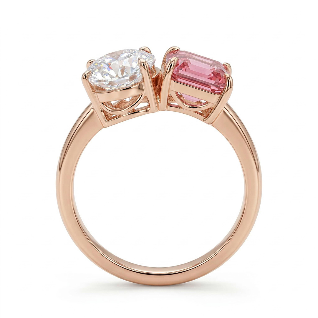 Two-Stone Pear Cut & Pink Emerald Cut Engagement Ring
