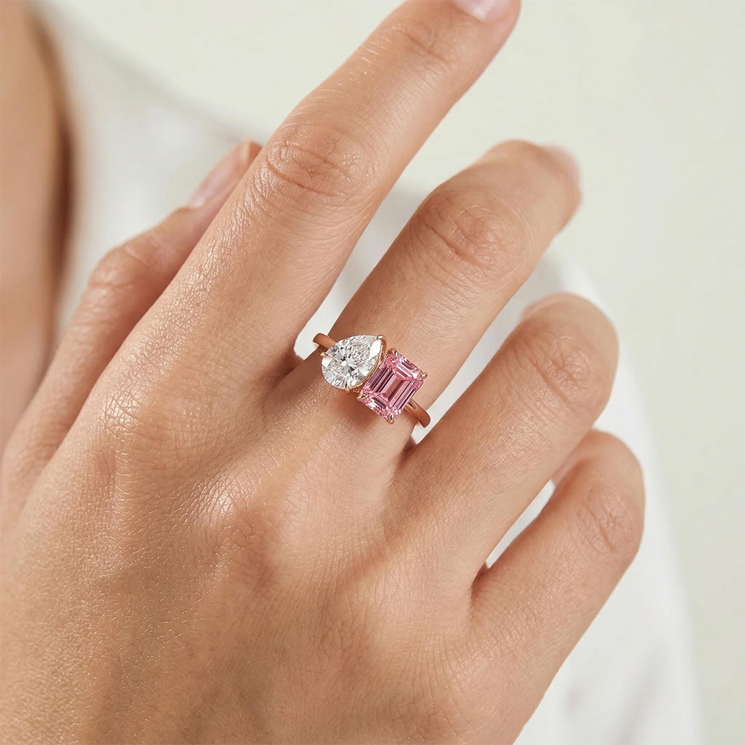 Two-Stone Pear Cut & Pink Emerald Cut Engagement Ring