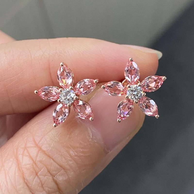 Lovely Pink Flower Marquise Cut Stud Earrings