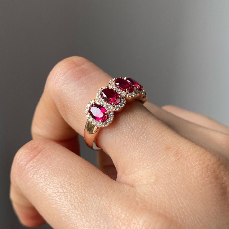 Ruby/Sapphire Oval Cut Halo Wedding Band