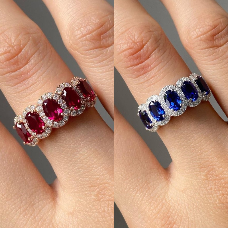 Ruby/Sapphire Oval Cut Halo Wedding Band