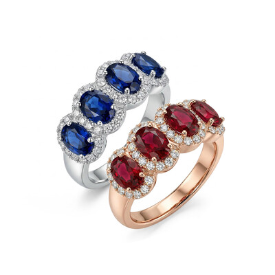 Ruby/Sapphire Oval Cut Halo Wedding Band