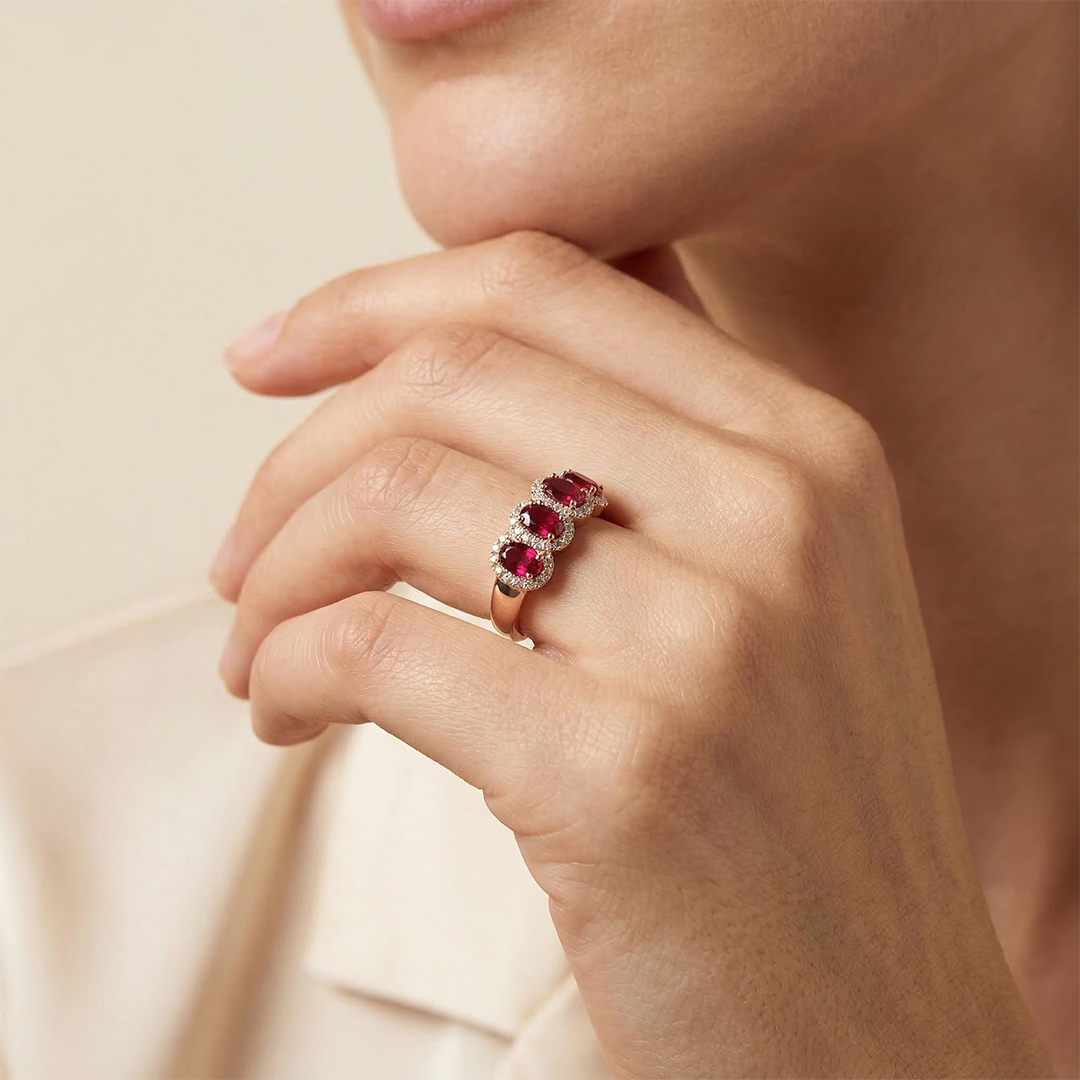 Ruby/Sapphire Oval Cut Halo Wedding Band