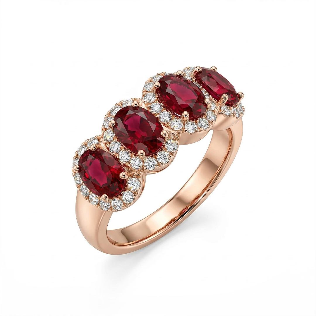 Ruby/Sapphire Oval Cut Halo Wedding Band