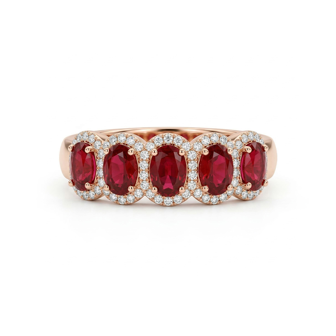 Ruby/Sapphire Oval Cut Halo Wedding Band