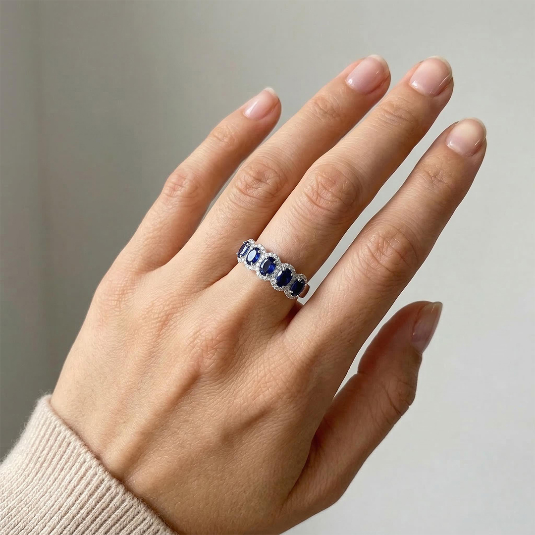 Ruby/Sapphire Oval Cut Halo Wedding Band