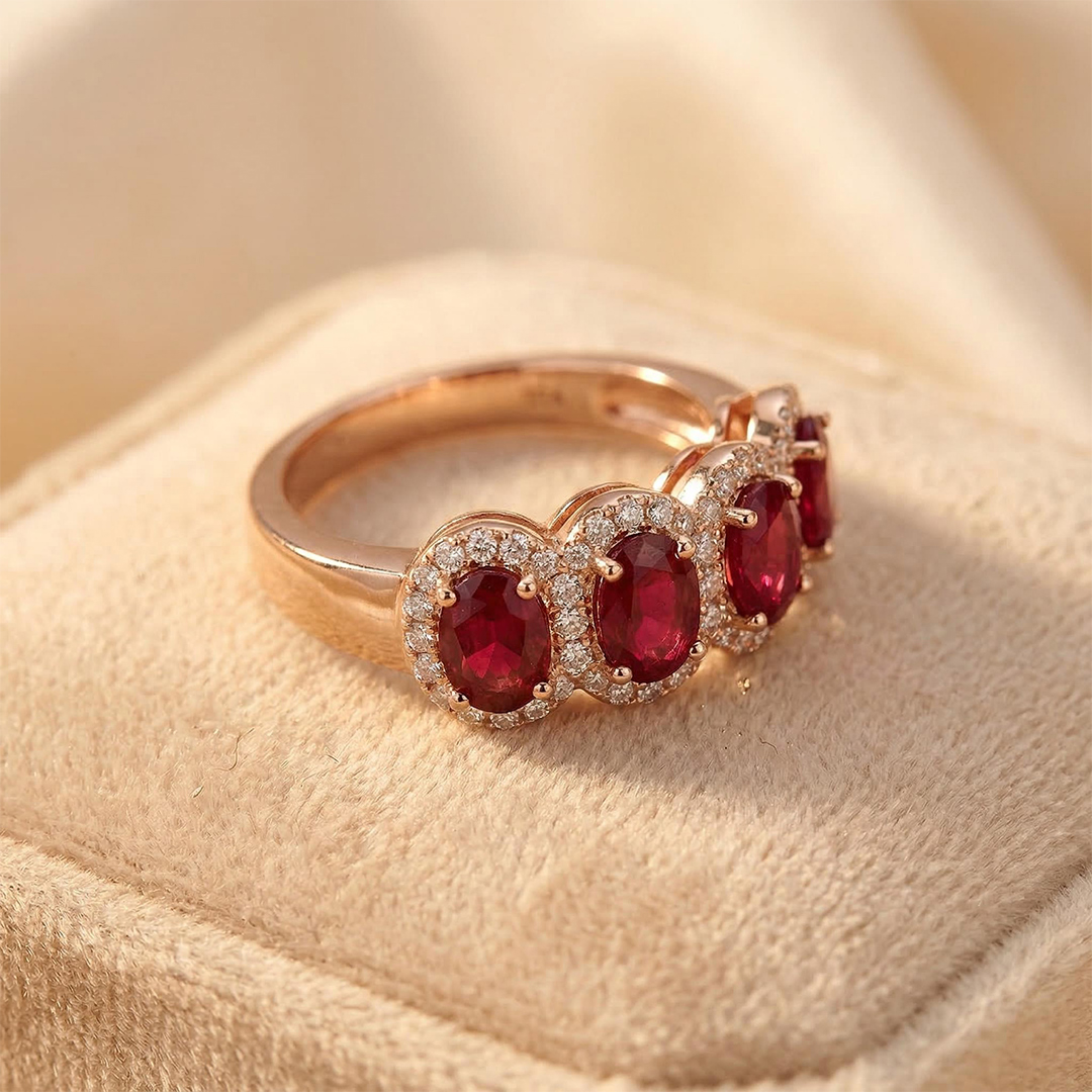Ruby/Sapphire Oval Cut Halo Wedding Band