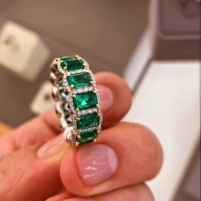 Emerald-Cut Emerald Halo Eternity Band