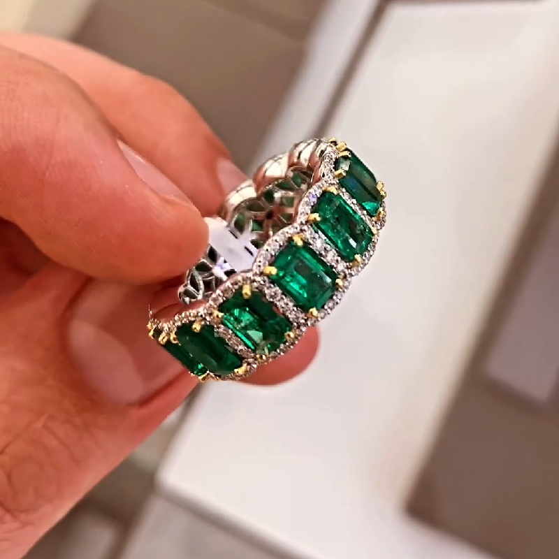 Emerald-Cut Emerald Halo Eternity Band