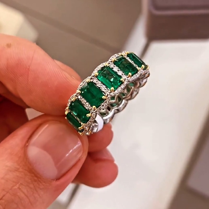 Emerald-Cut Emerald Halo Eternity Band