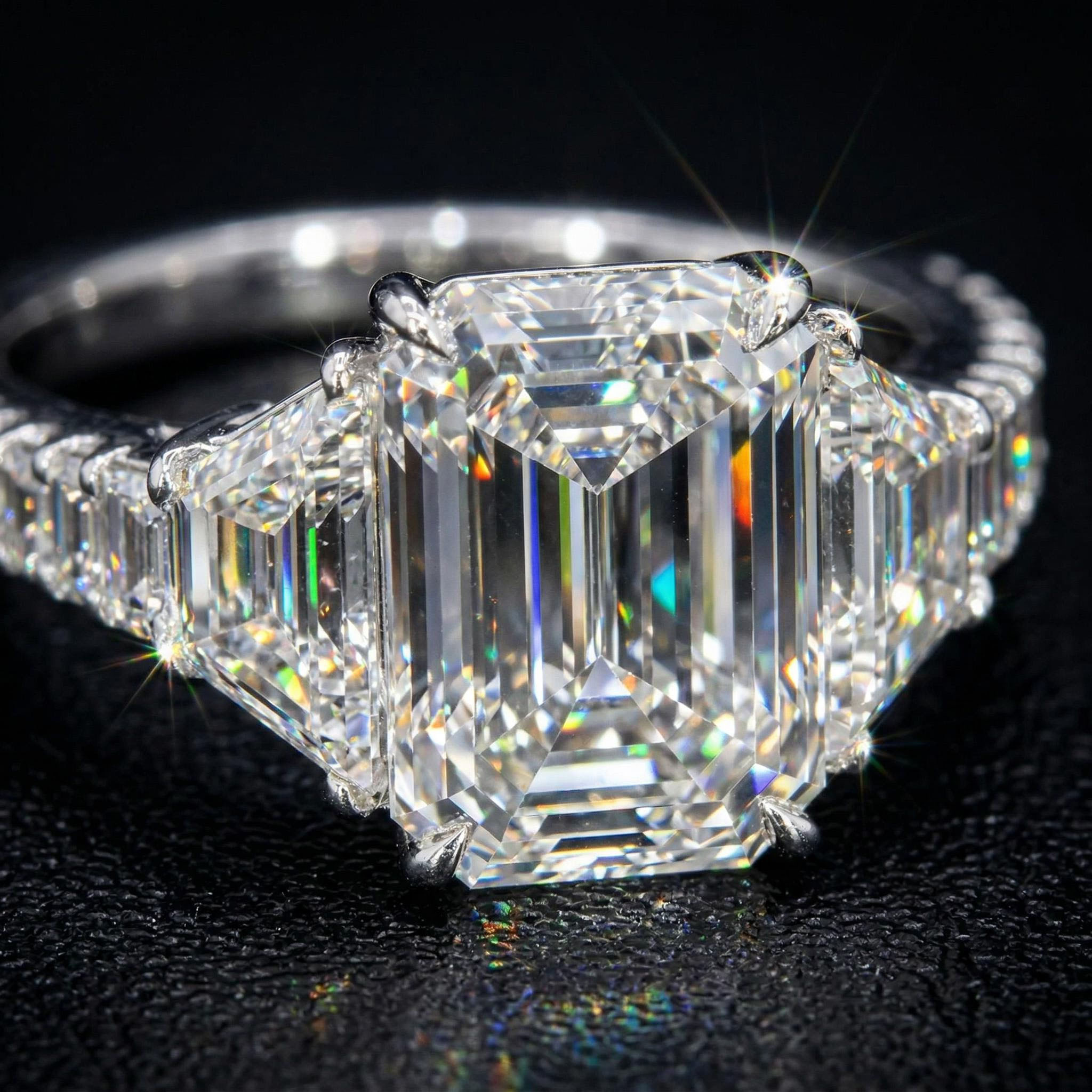7.56ct TCW Pave Emerald Cut Diamond Engagement Ring