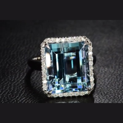 Emerald-Cut 10ct Aquamarine Halo Engagement Ring