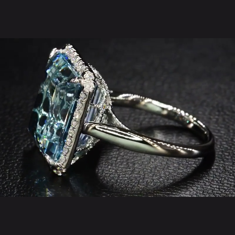 Emerald-Cut 10ct Aquamarine Halo Engagement Ring