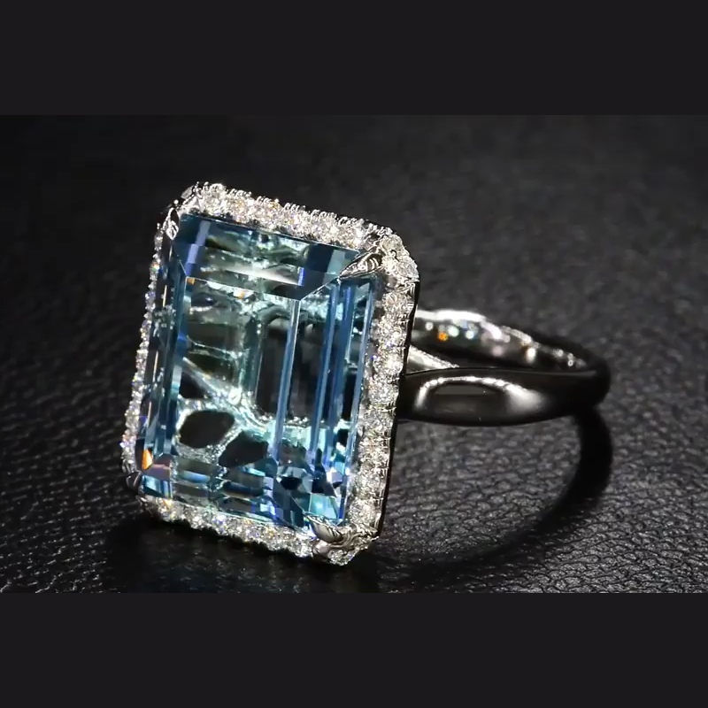 Emerald-Cut 10ct Aquamarine Halo Engagement Ring