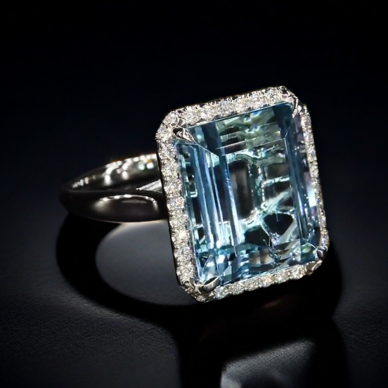 Emerald-Cut 10ct Aquamarine Halo Engagement Ring