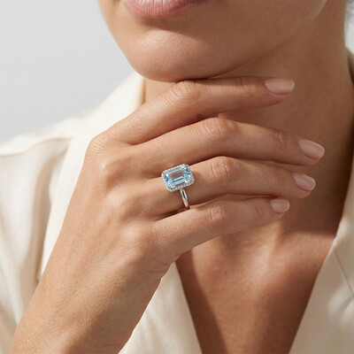 Emerald-Cut 10ct Aquamarine Halo Engagement Ring