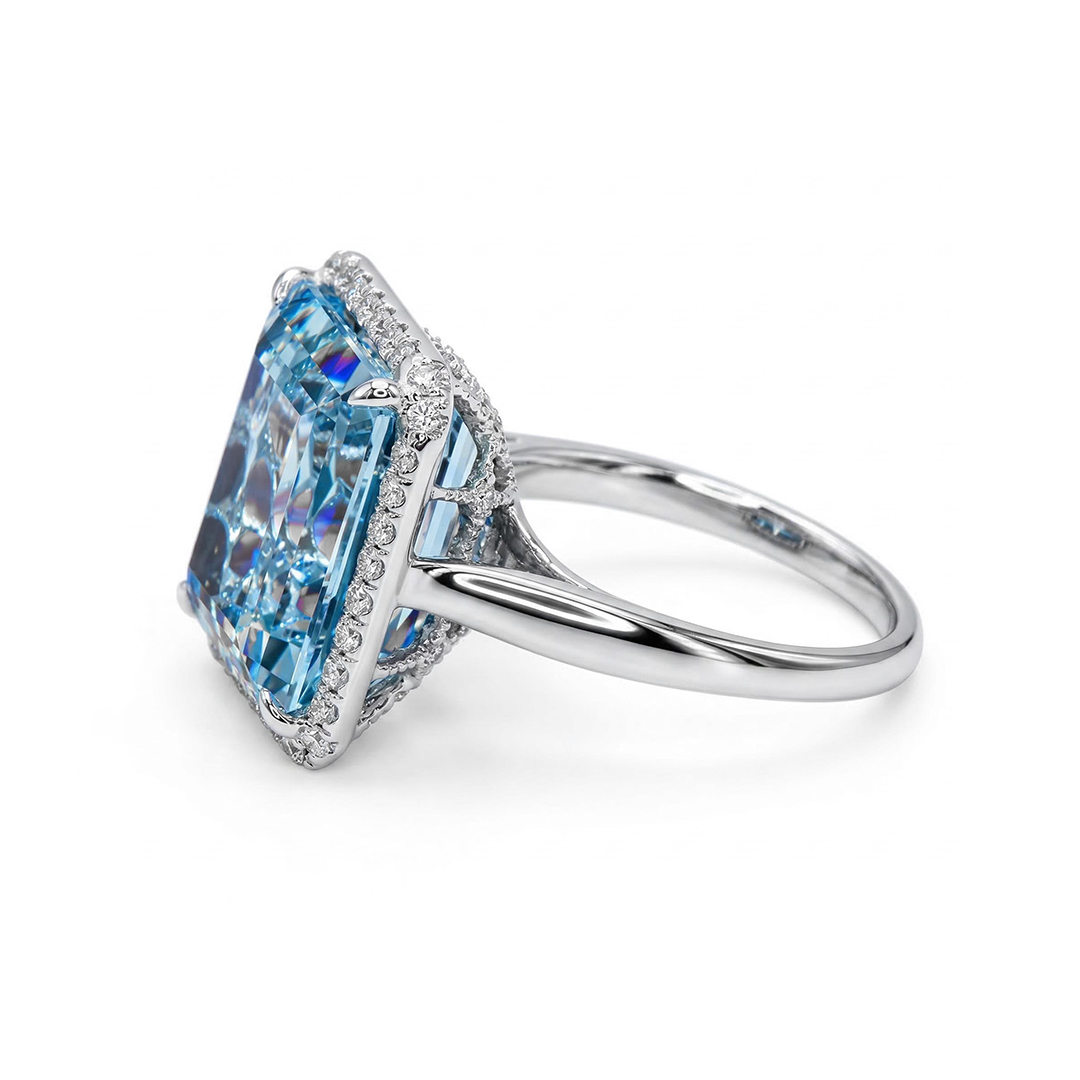 Emerald-Cut 10ct Aquamarine Halo Engagement Ring