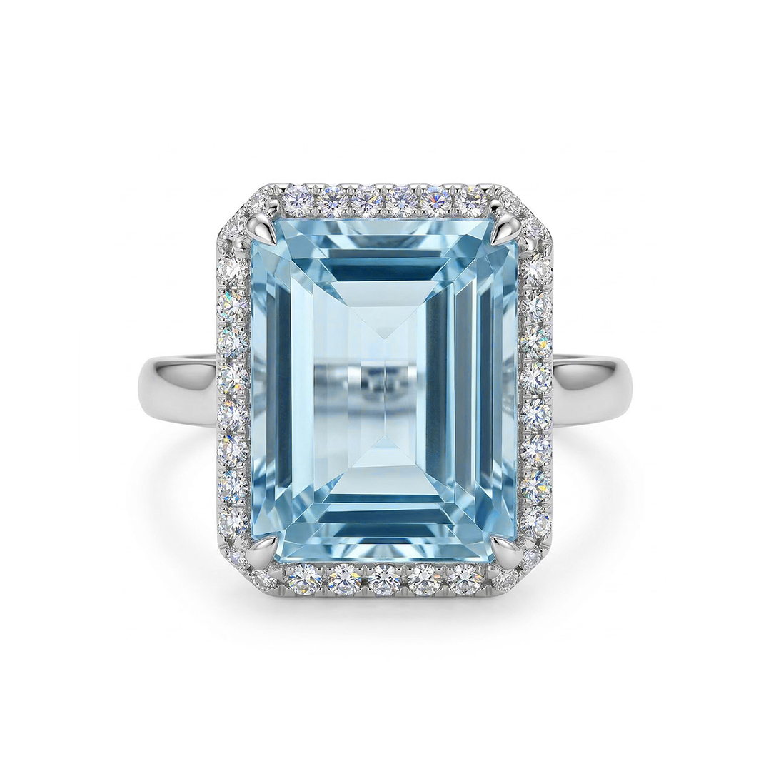 Emerald-Cut 10ct Aquamarine Halo Engagement Ring