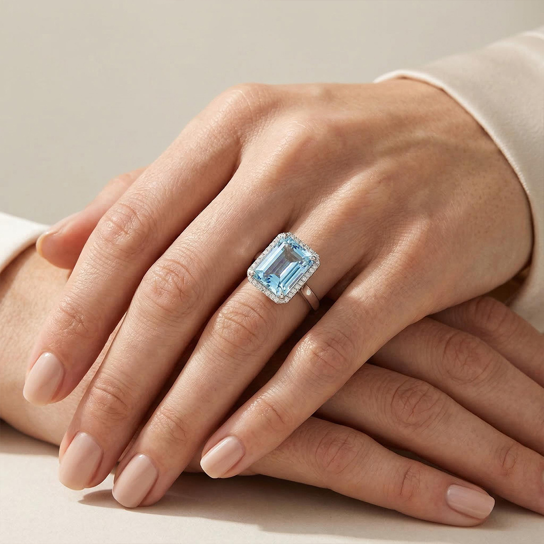Emerald-Cut 10ct Aquamarine Halo Engagement Ring