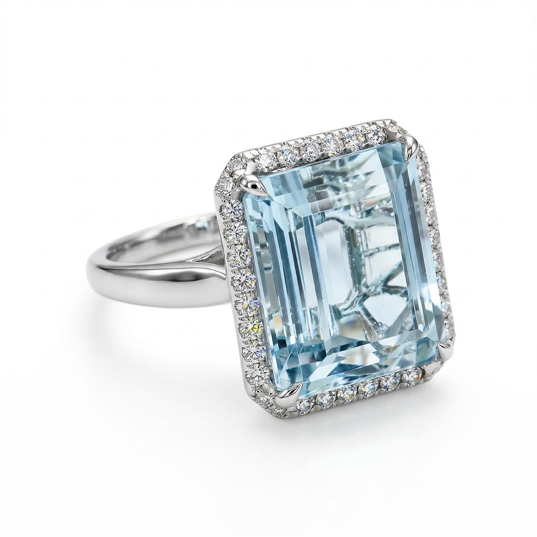 Emerald-Cut 10ct Aquamarine Halo Engagement Ring