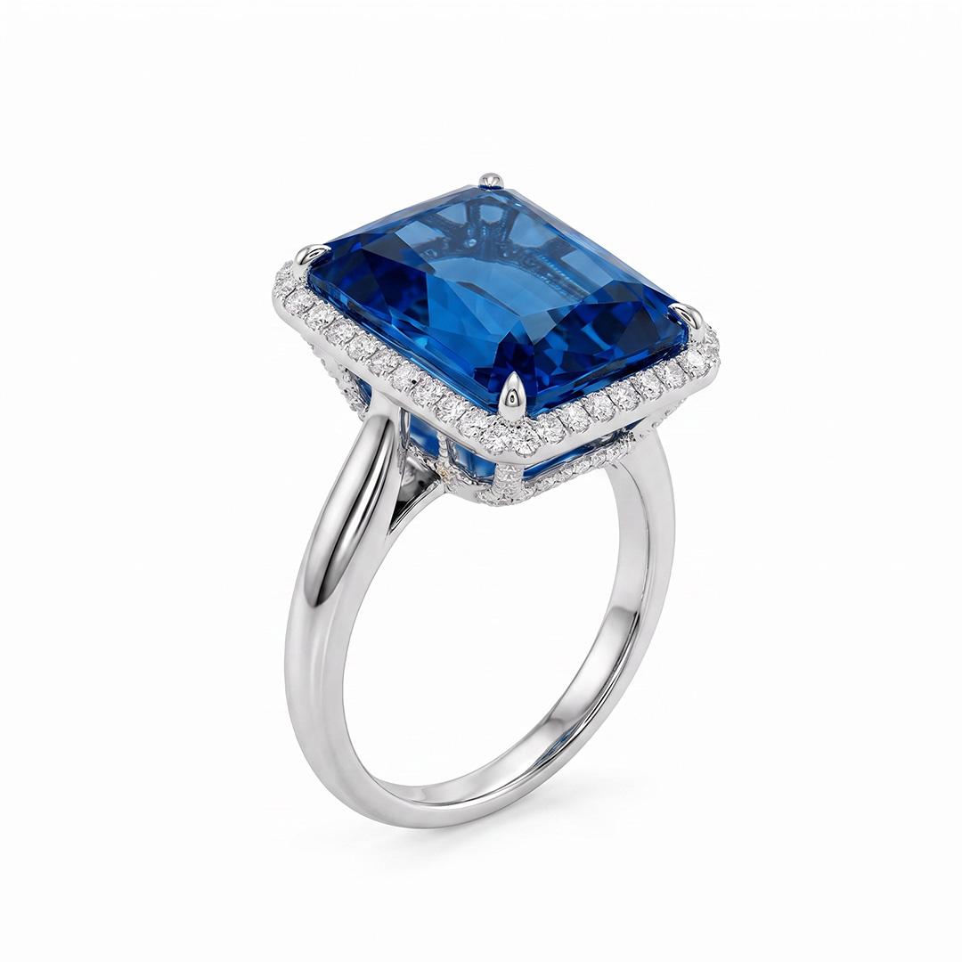 10.45CT Emerald-Cut 10ct Aquamarine Halo Engagement Ring 10.45CT Emerald-Cut 10ct Aquamarine Halo Engagement Ring